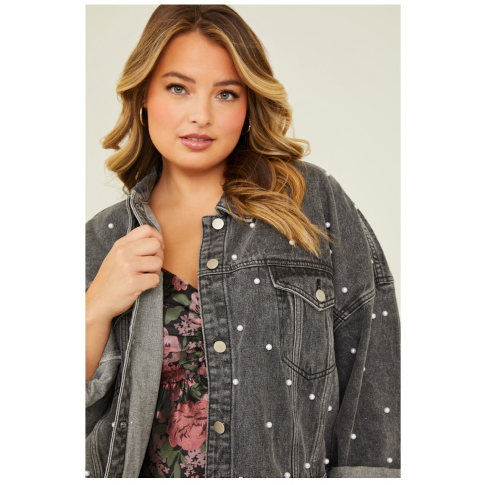 Arula Black Denim Jacket with Pearl Details- Women’s Plus Size 2X (B)